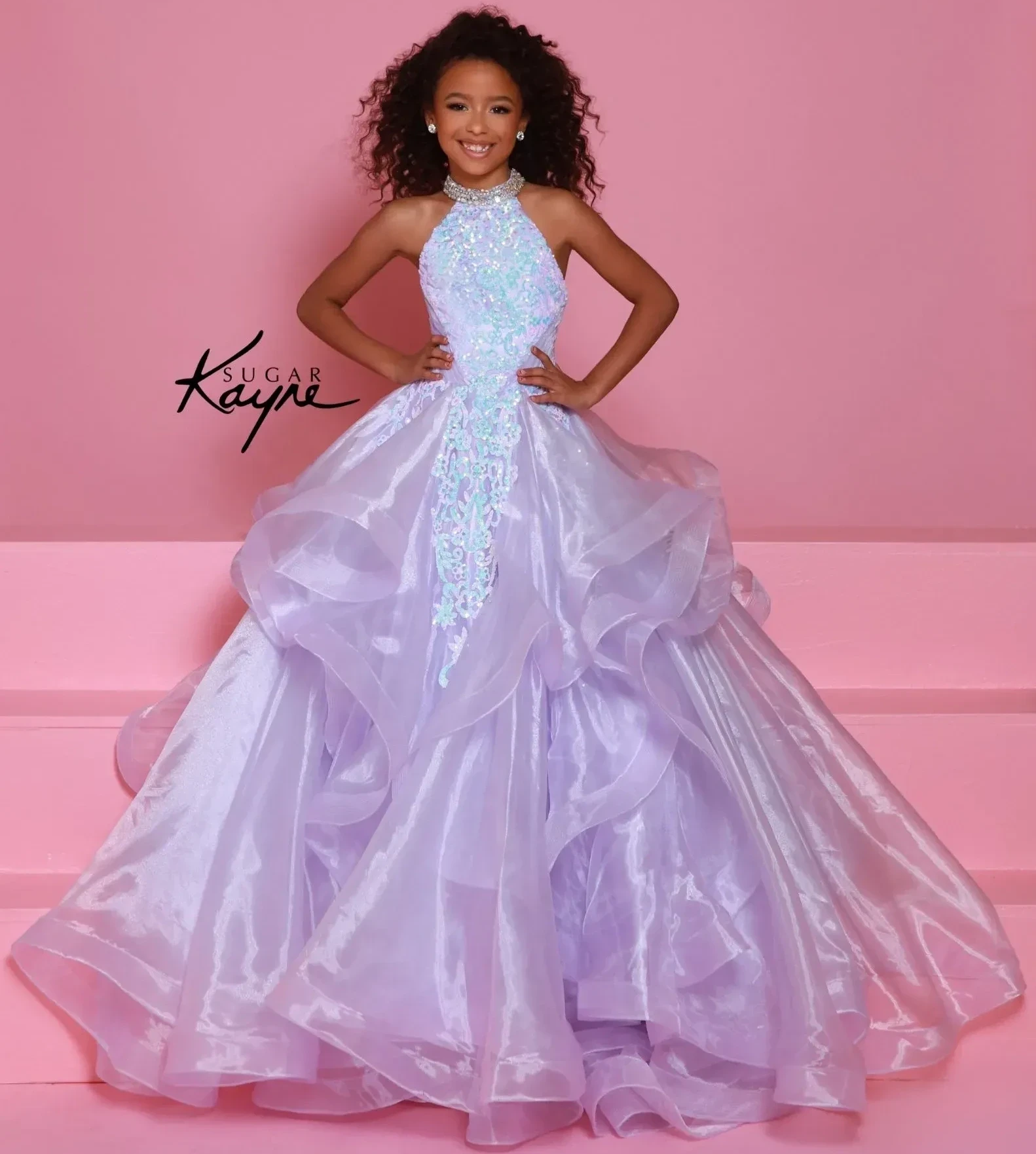 Model wearing a liliac dress