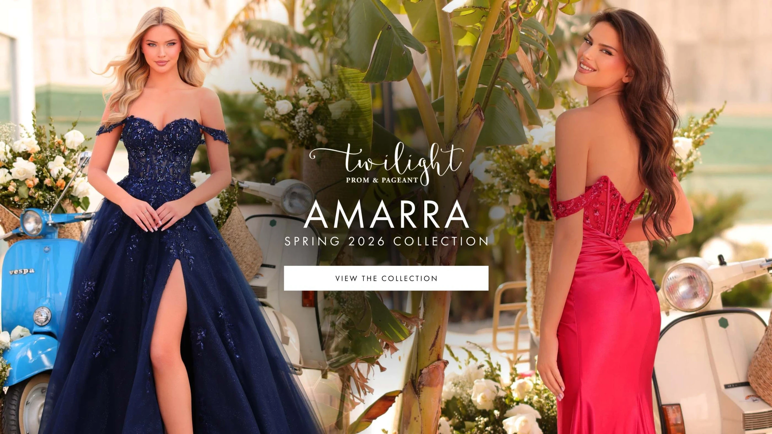 Models wearing Amarra Prom Spring 2026 dresses, desktop banner