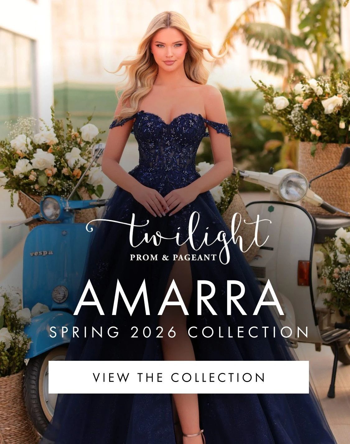 Model wearing Amarra Prom Spring 2026 dress, mobile banner